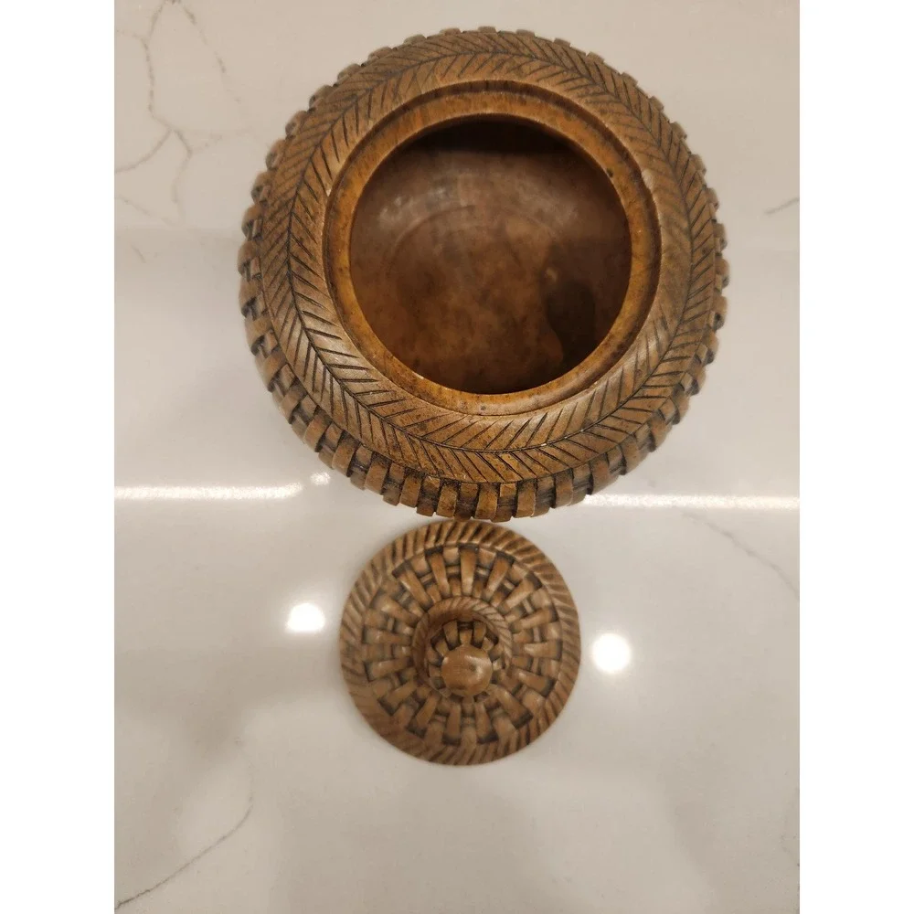 Vertical Wicker Weave Brown‎ Soapstone Jar Trinket Decor Box with Lid Heavy